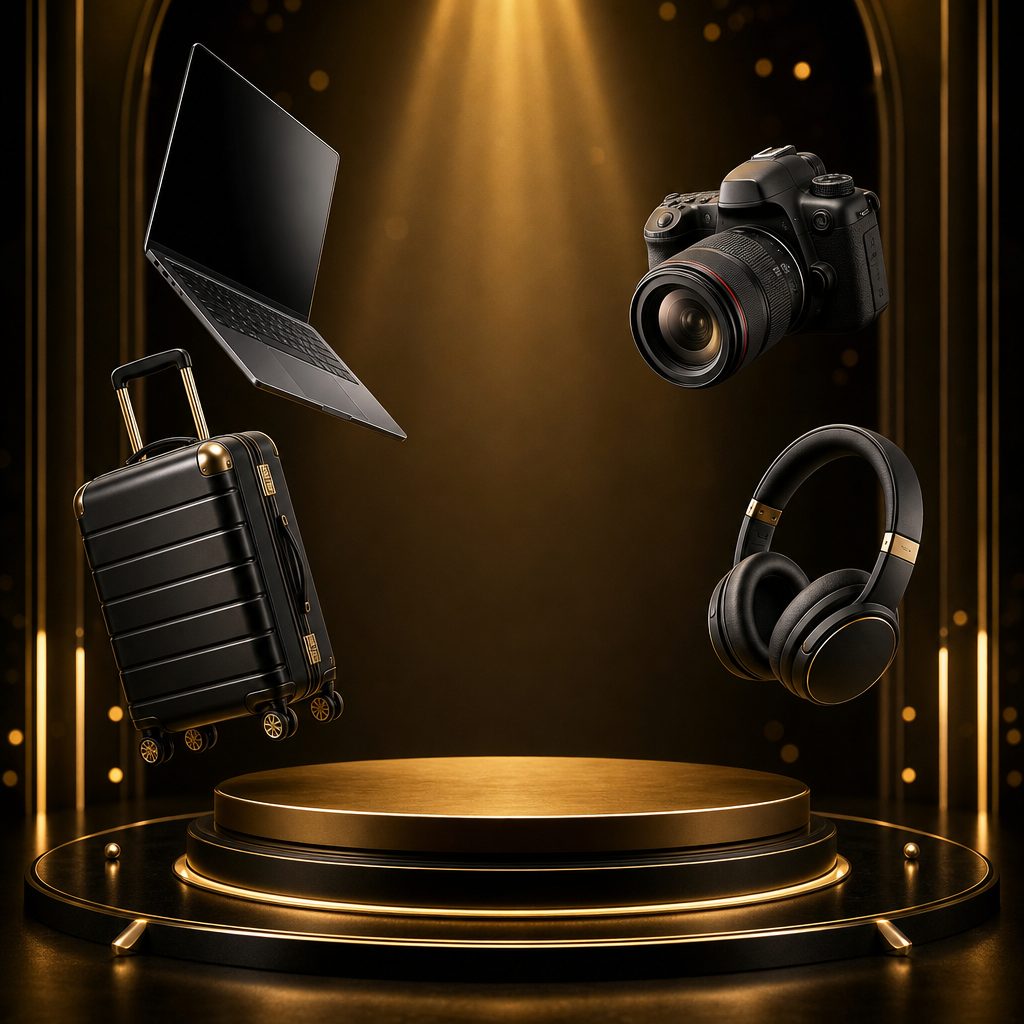Floating rental items on a gold podium